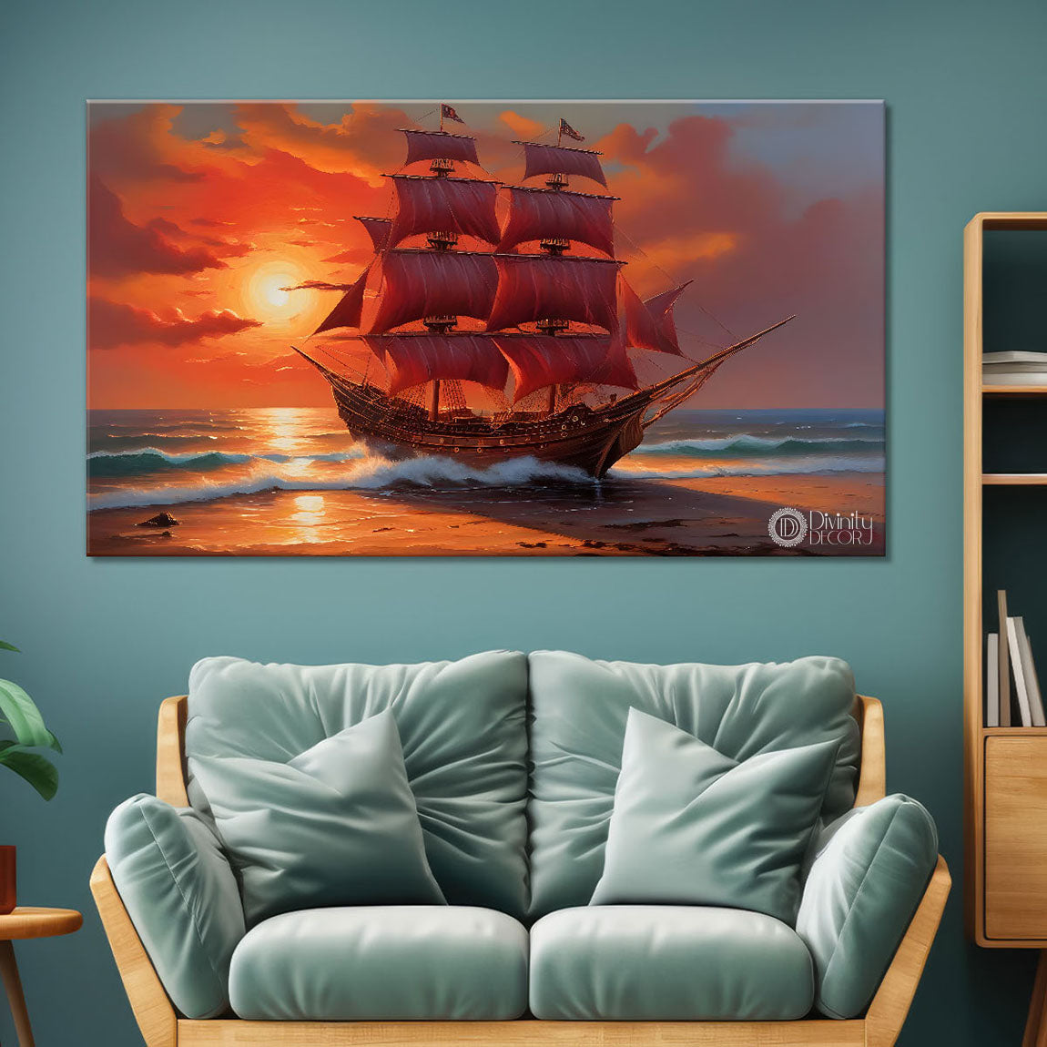 Ship with sunrise background in textured modern art canvas painting - Design - River-4