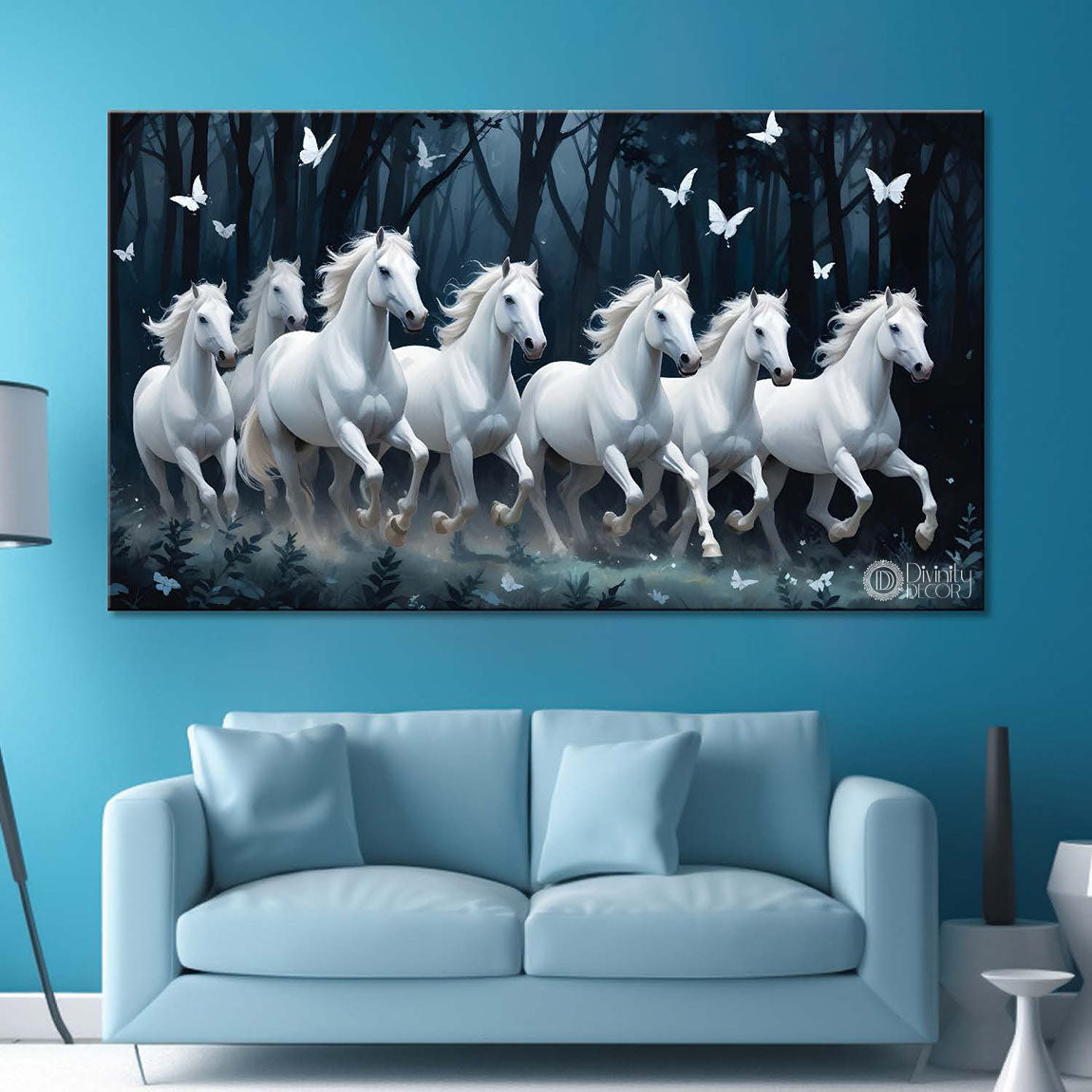 White running horses with white butterflies and trees in dark textured background art Canvas Painting - Design - Horse-40