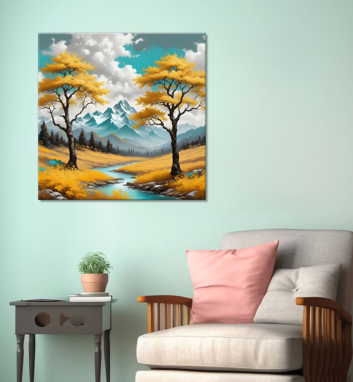 Yellow trees eith lake painting Canvas Painting 24X24 - Nature Art -S-40