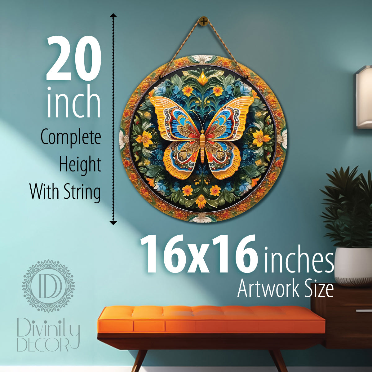 Butterfly in green and yellow mandala Round Wooden Wall Hanging for wall Décor - Design - 40