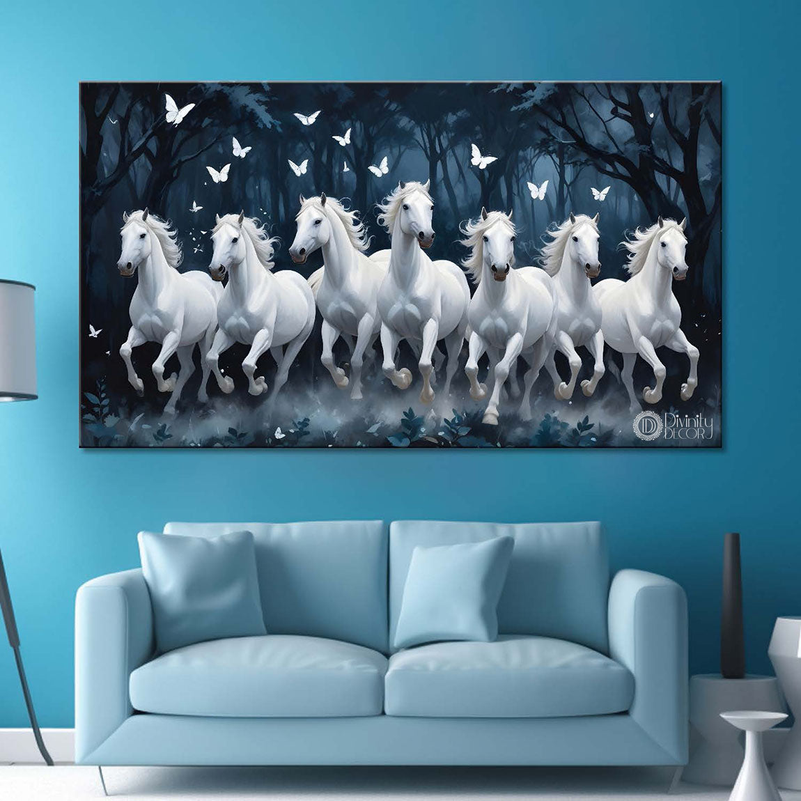 White running horses with white butterflies and trees in dark textured background art Canvas Painting - Design - Horse-41