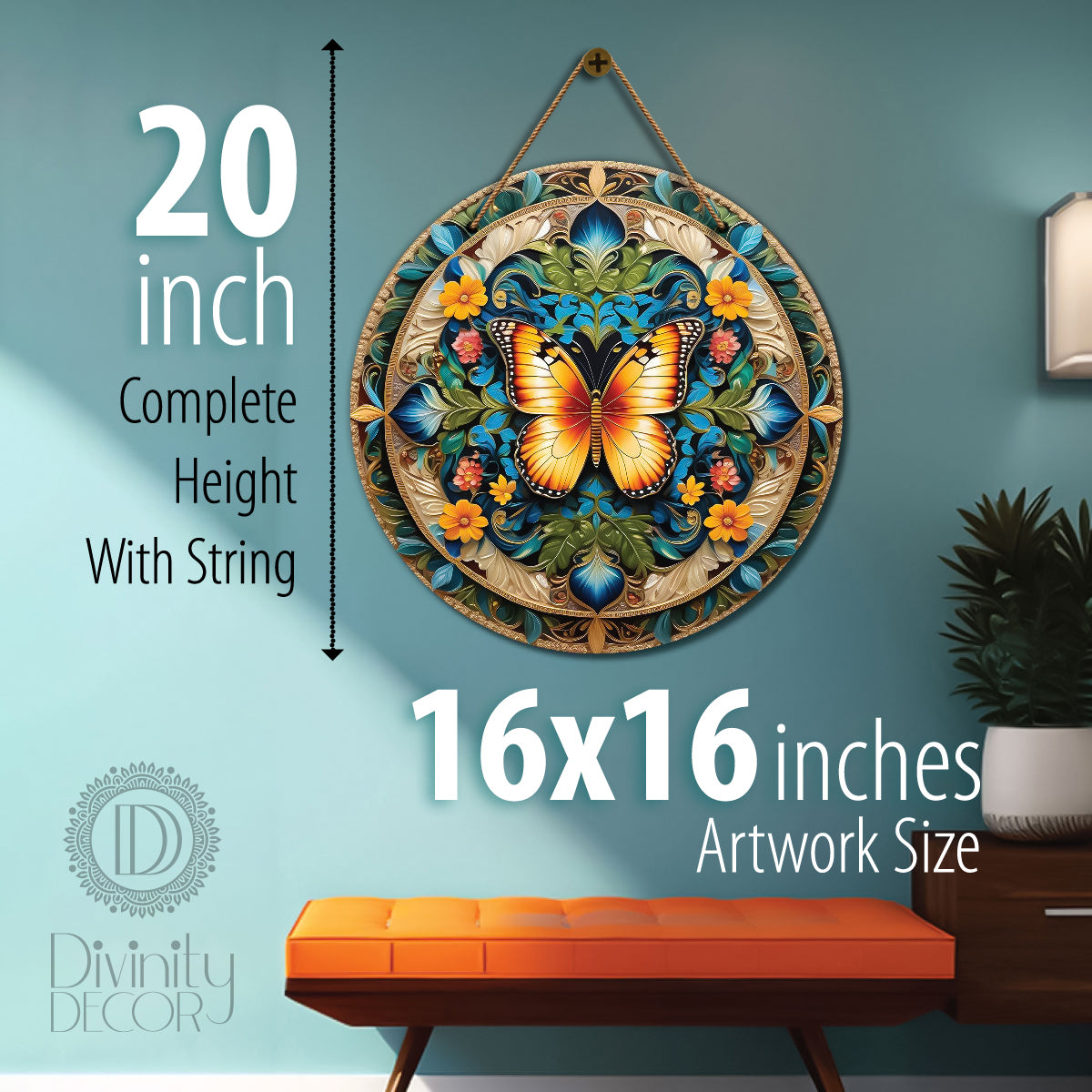 Yellow butterfly in green and orange mandala Round Wooden Wall Hanging for wall Décor - Design - 41