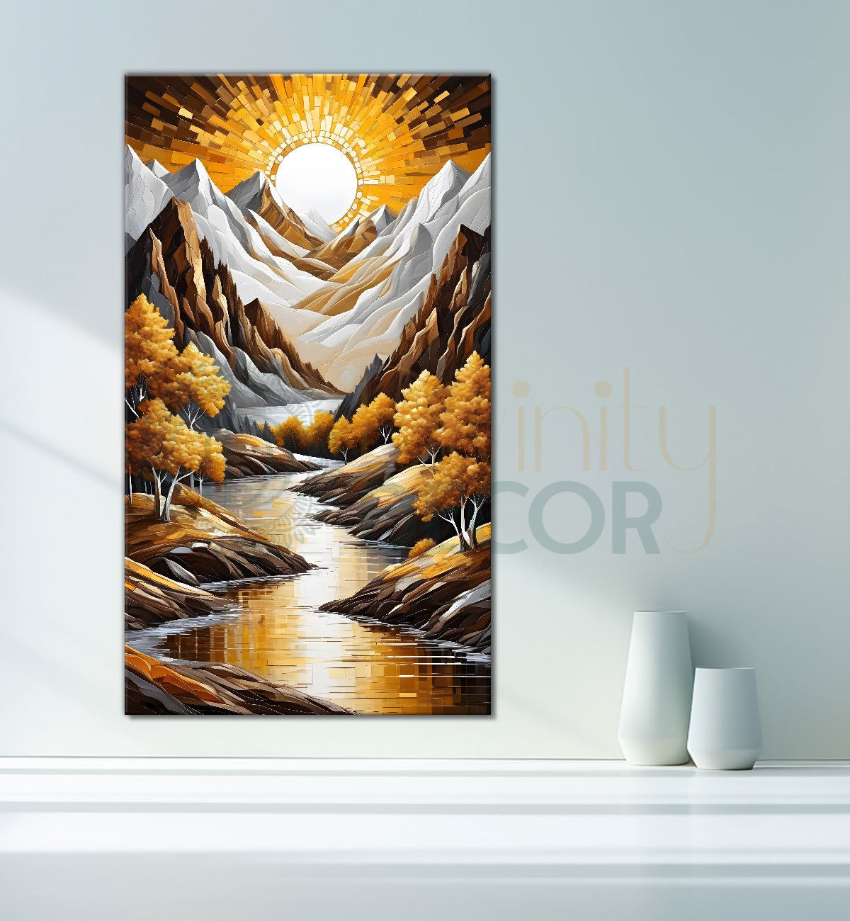 Mountian with golden detailing with lake and sunrise Canvas Painting - Nature Art -V-41