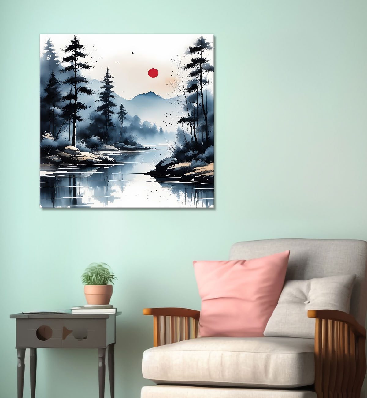 Mountains with trees and river water colour painting Canvas Painting 24X24 - Nature Art -S-41