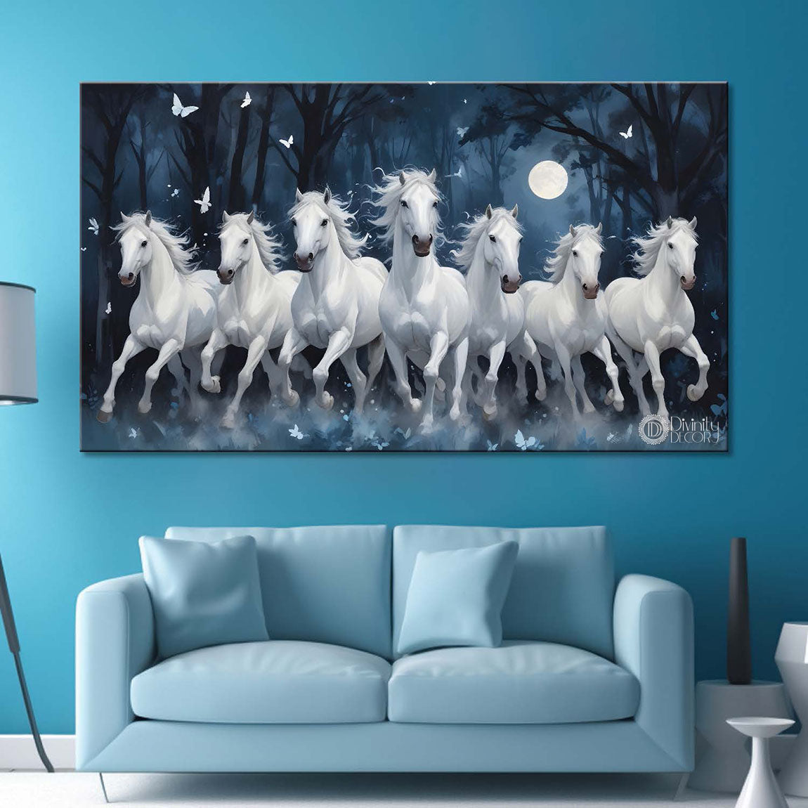 White running horses with white butterflies and trees in night textured background art Canvas Painting - Design - Horse-42