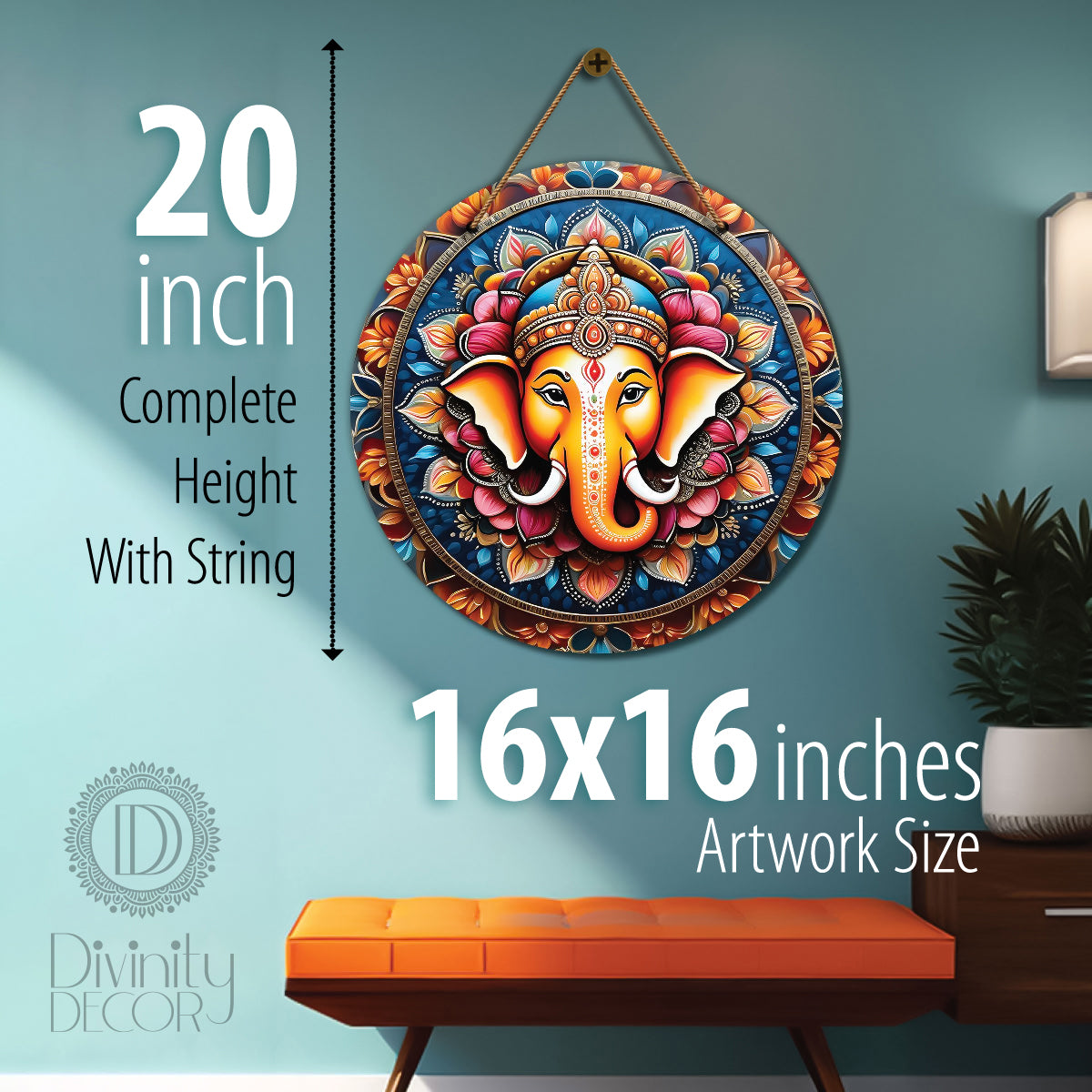Ganesh Ji in blue and orange mandala Round Wooden Wall Hanging for wall Décor - Design - 42