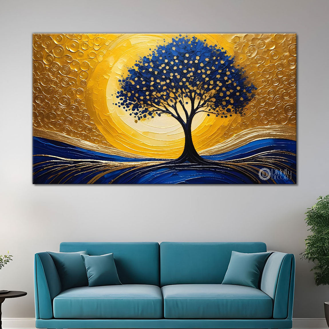 Blue tree with golden and white background textured modern art Canvas Painting - Design - Tree-42