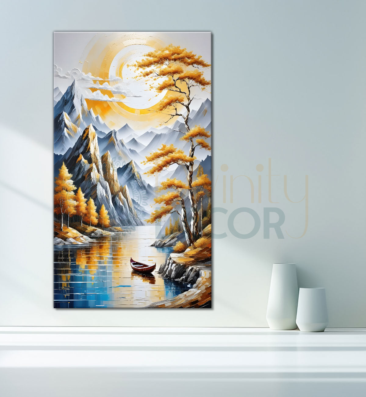 White mountains with golden trees and lake textured natural art Canvas Painting - Nature Art -V-42