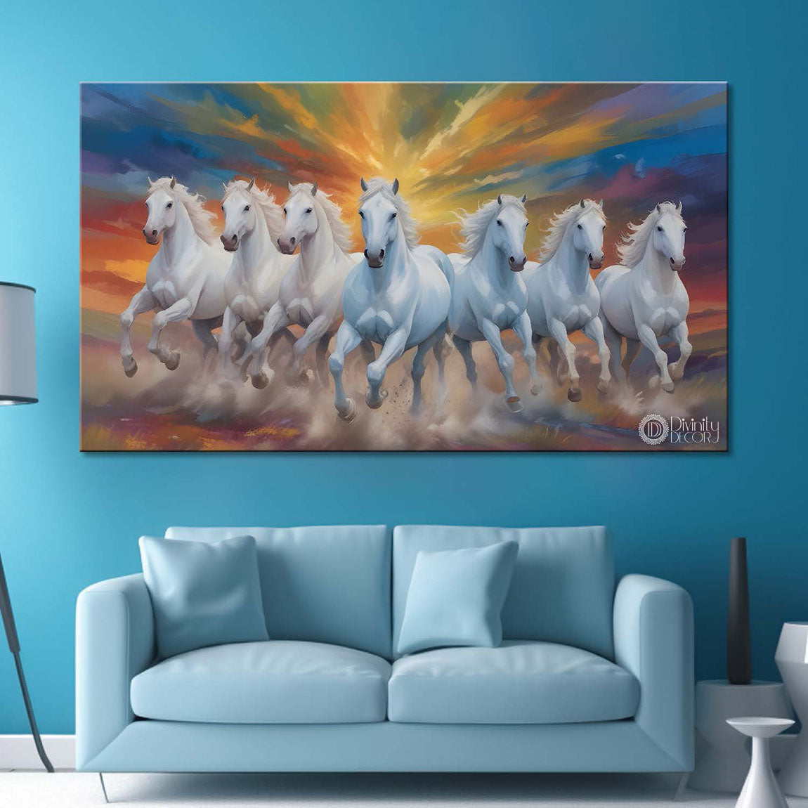 White running horses in colorful textured background art Canvas Painting - Design - Horse-43