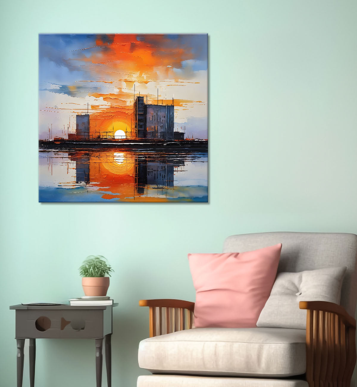 City in the sun set painting Canvas Painting 24X24 - Nature Art -S-43