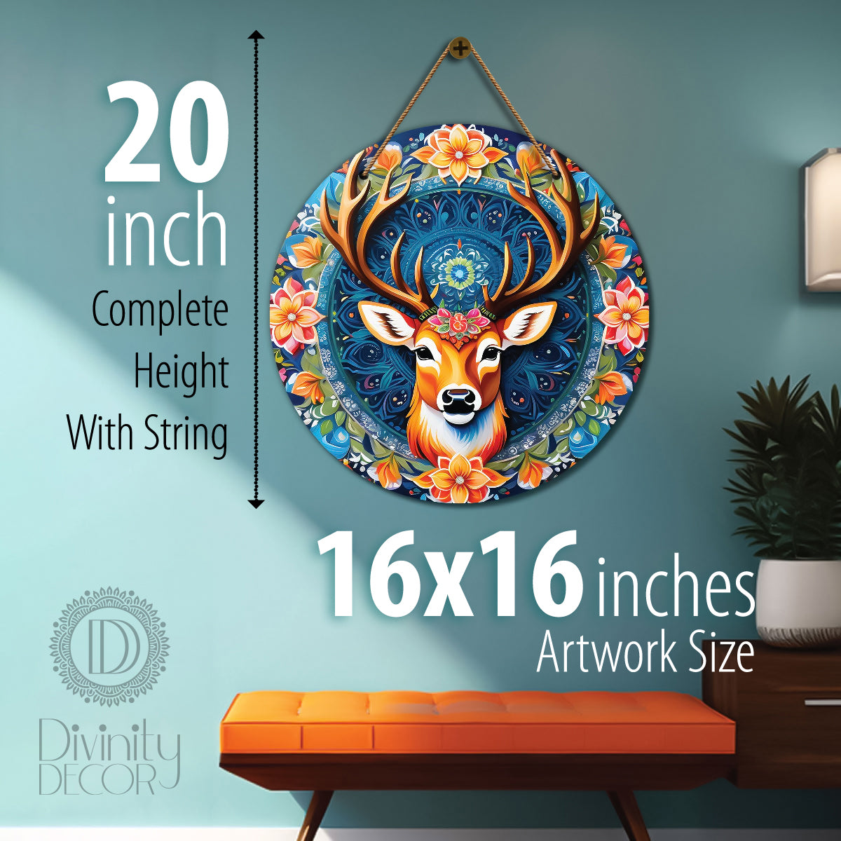 Deer in blue and orange mandala Round Wooden Wall Hanging for wall Décor - Design - 43