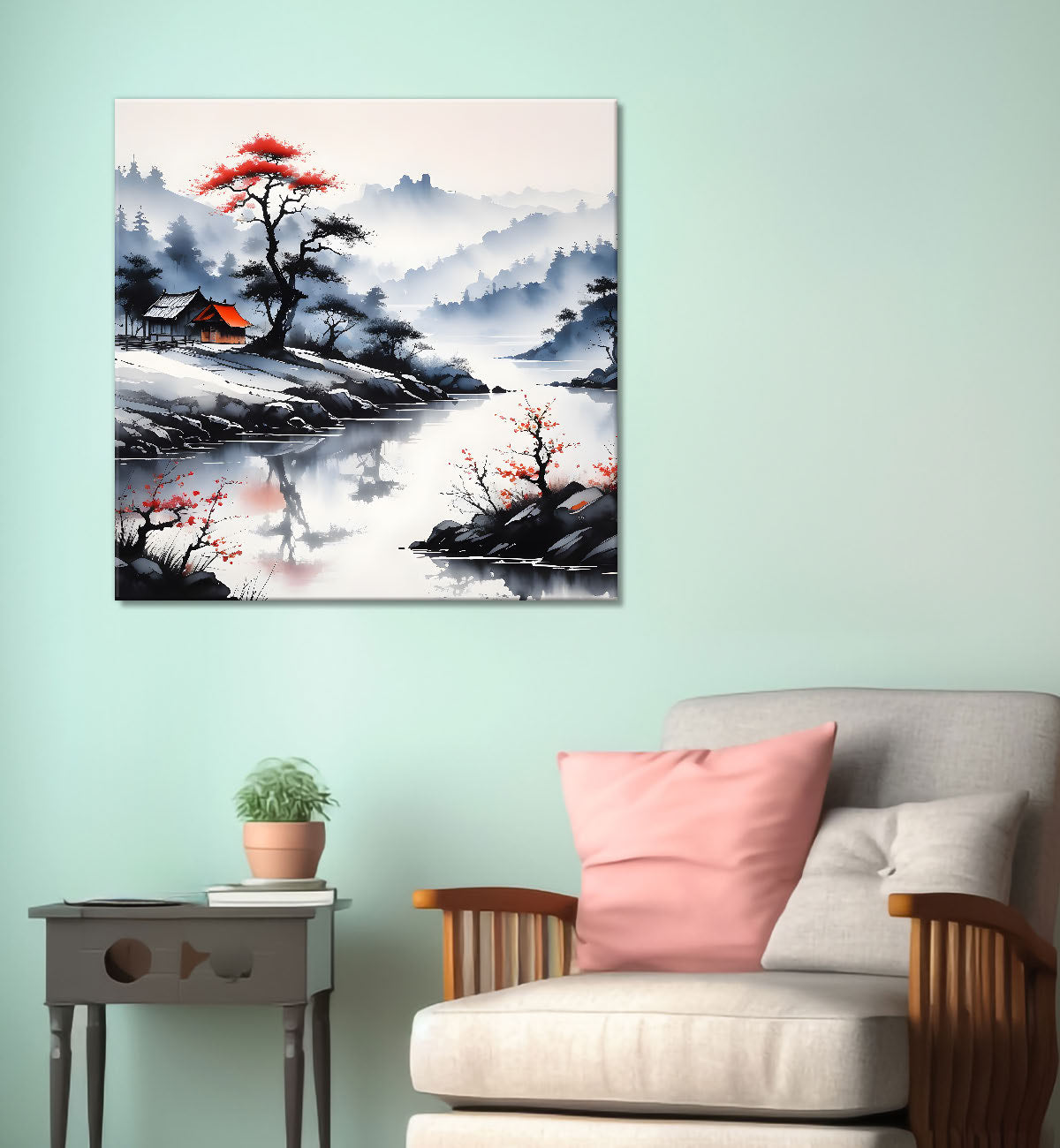 Mountains with trees and river water colour painting Canvas Painting 24X24- Nature Art -S-44