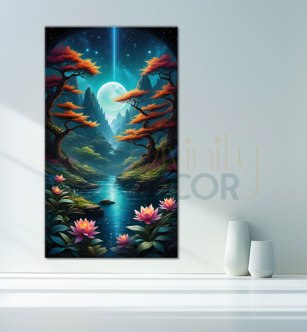 Orange treeswith lake and lotusin night background textured painting Canvas Painting - Nature Art -V-44