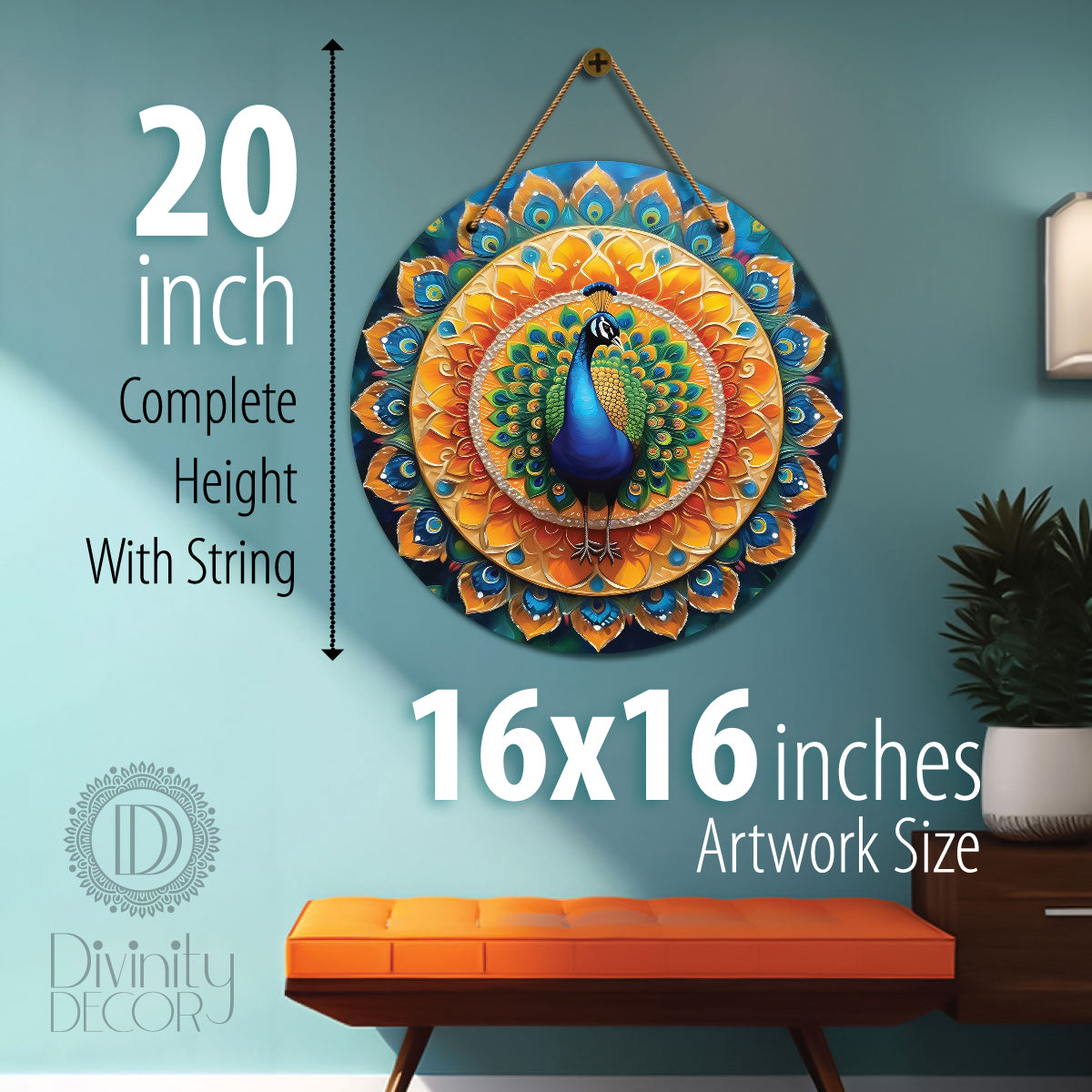 Peacock in orange and green mandala Round Wooden Wall Hanging for wall Décor - Design - 44