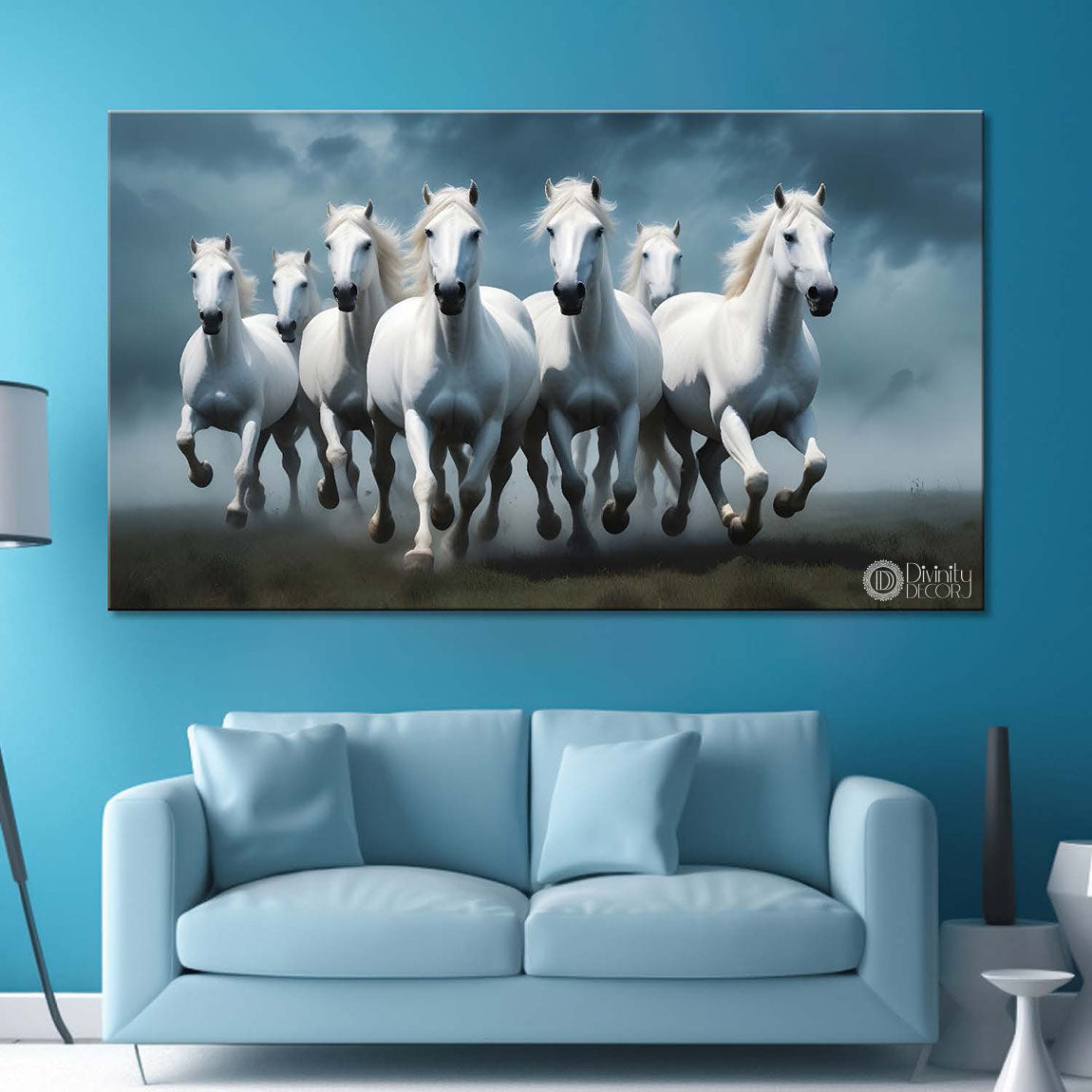 White running horses on the grass in grey textured background art Canvas Painting - Design - Horse-45