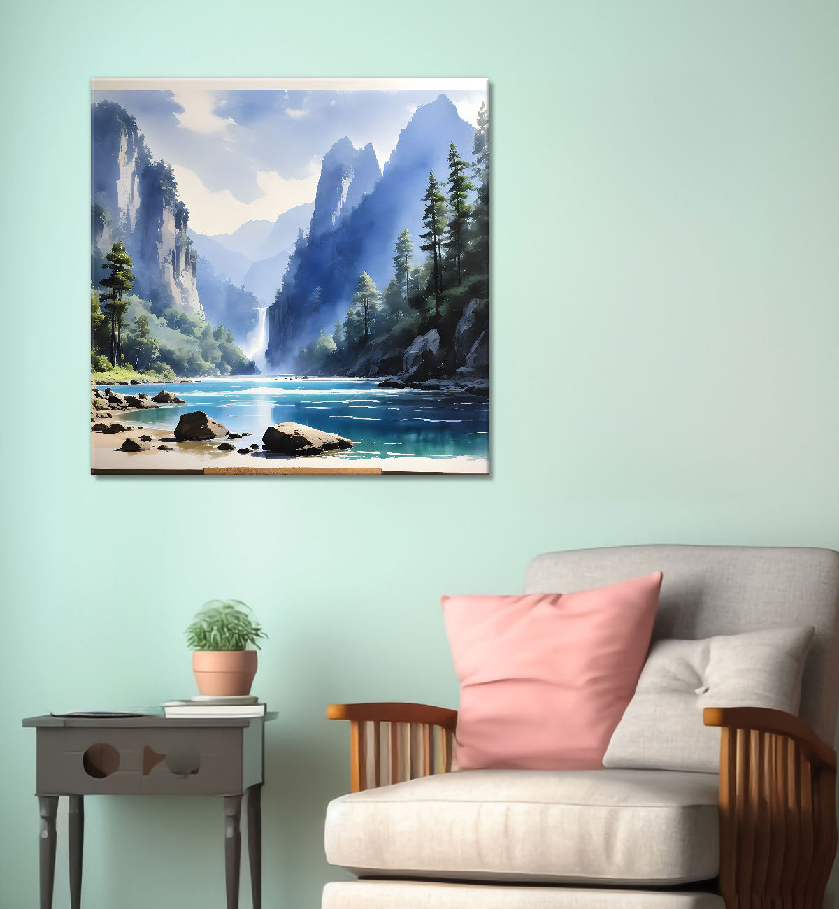 Mountains with river and greenery painting Canvas Painting 24X24- Nature Art -S-45