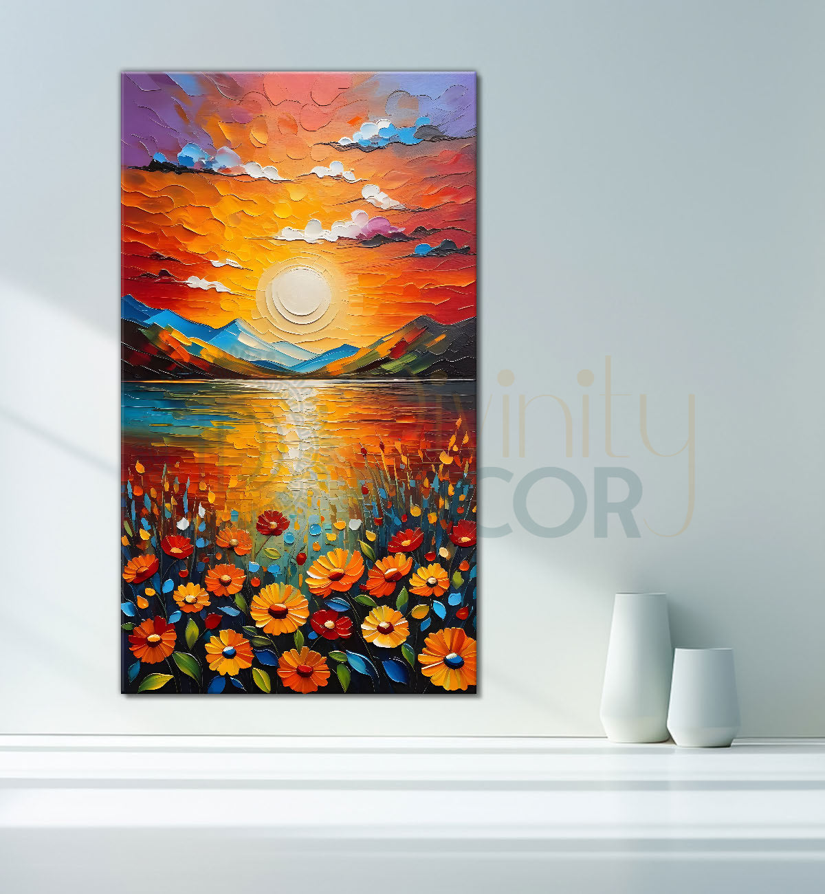 Sunrise with beautiful colourful flowers textured art Canvas Painting - Nature Art -V-45