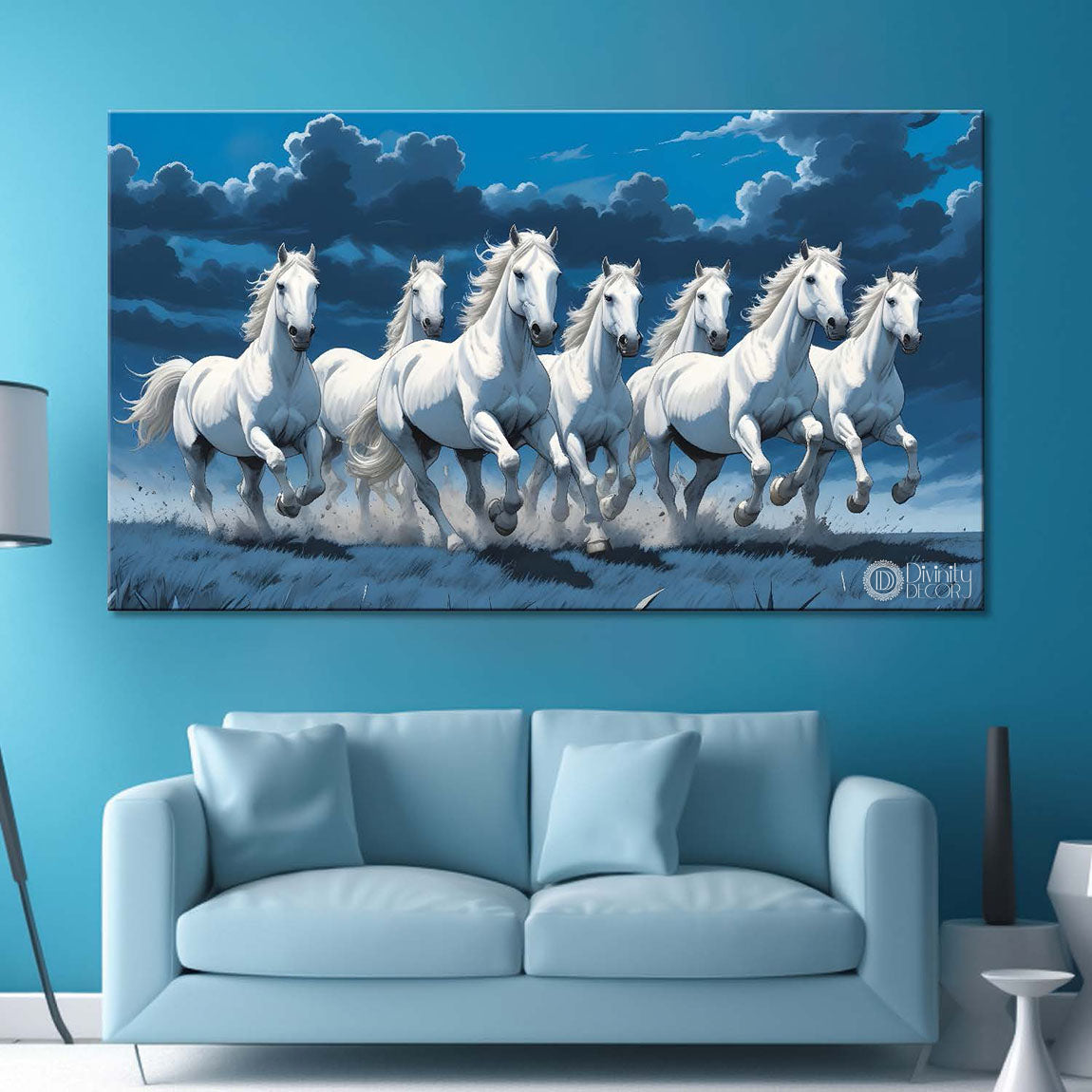 White running horses in cloudy and blue textured background art Canvas Painting - Design - Horse-46