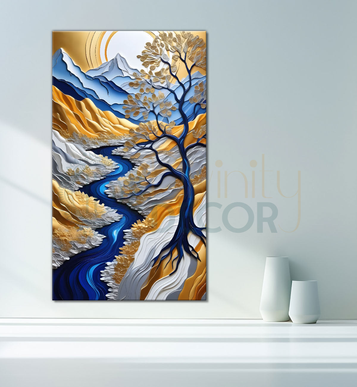 Blue mountains with golden trees and white moon textured natura art Canvas Painting - Nature Art -V-46