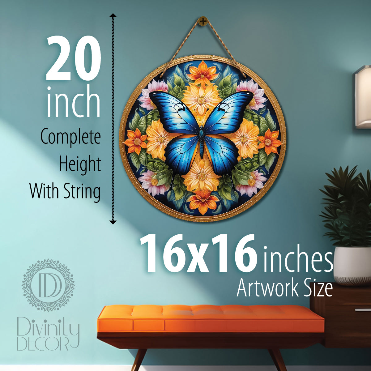 Blue Butterfly in floral and black mandala Round Wooden Wall Hanging for wall Décor - Design - 46