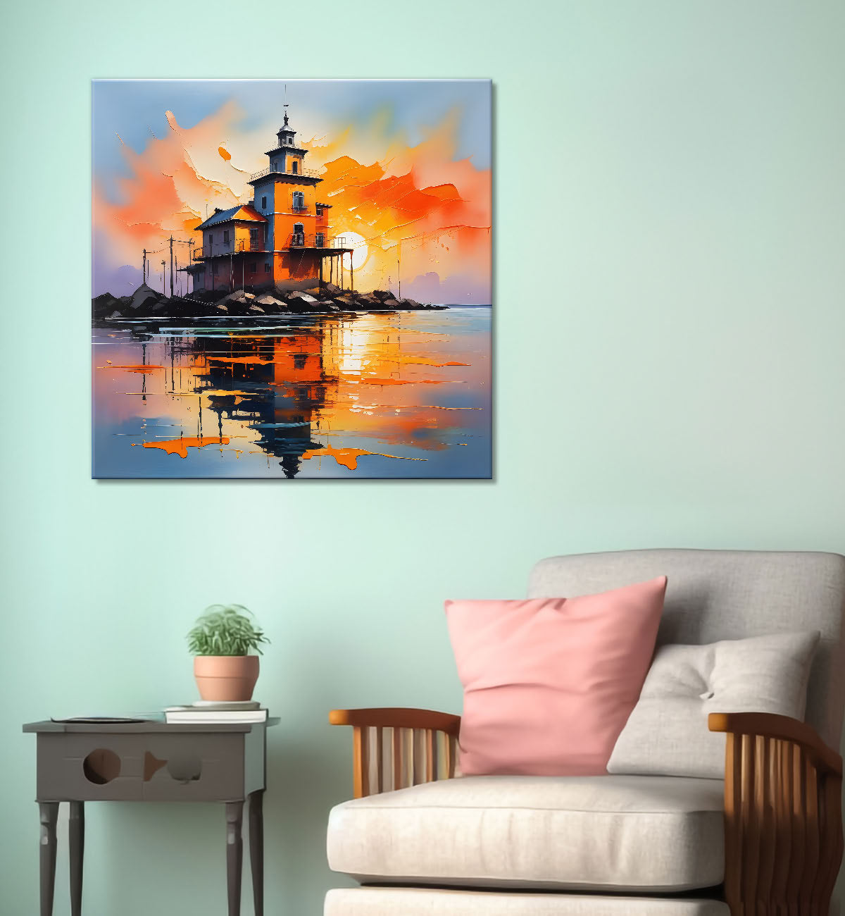 House in the river with sunset painting Canvas Painting 24X24- Nature Art -S-46