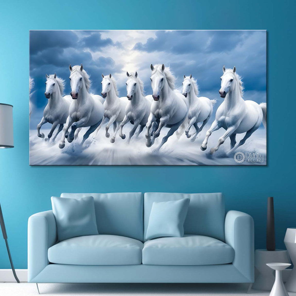 White running horses in cloudy and sky blue textured background art Canvas Painting - Design - Horse-47