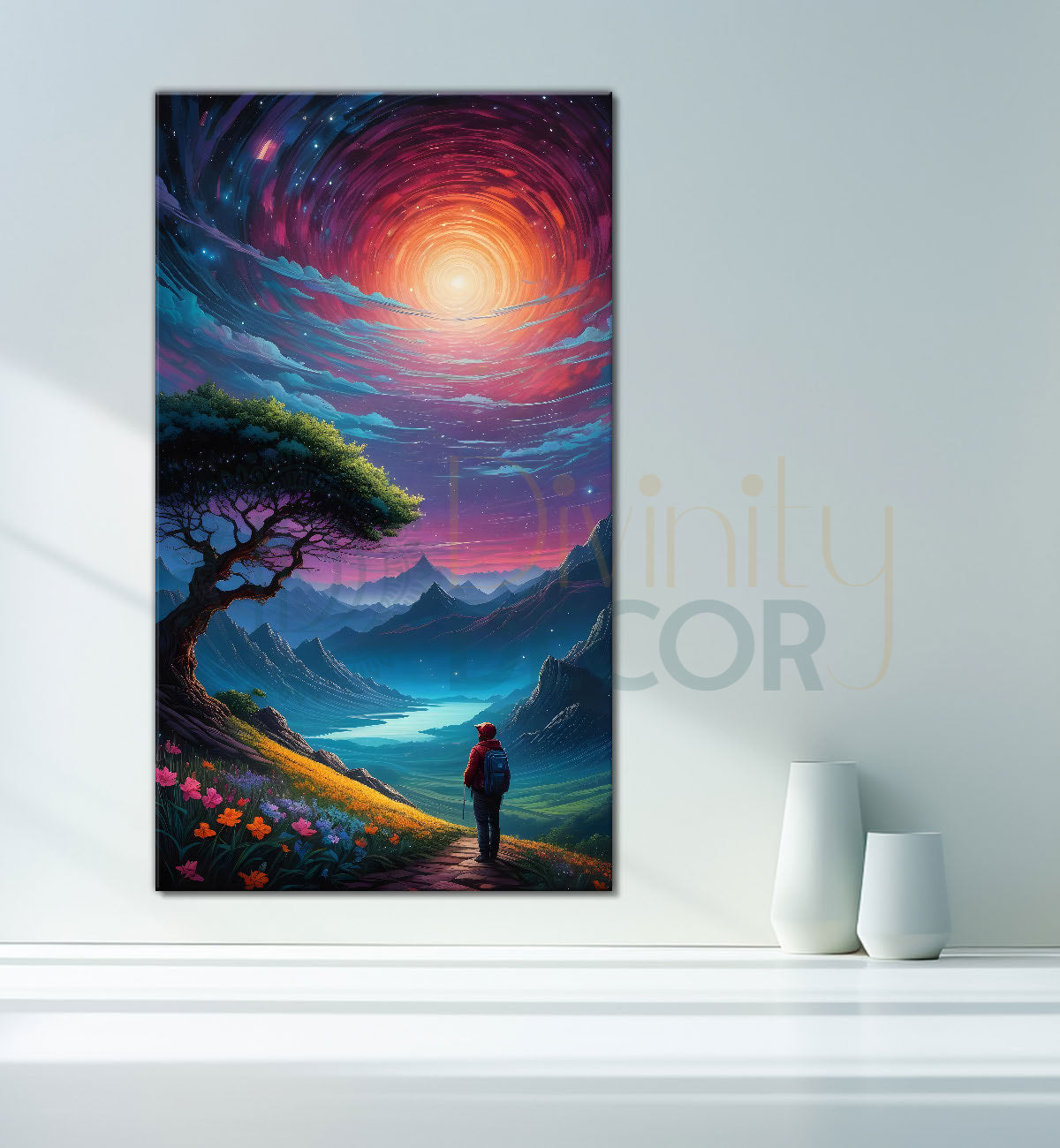 A man standing in night background with mountians and tree textured painting Canvas Painting - Nature Art -V-47