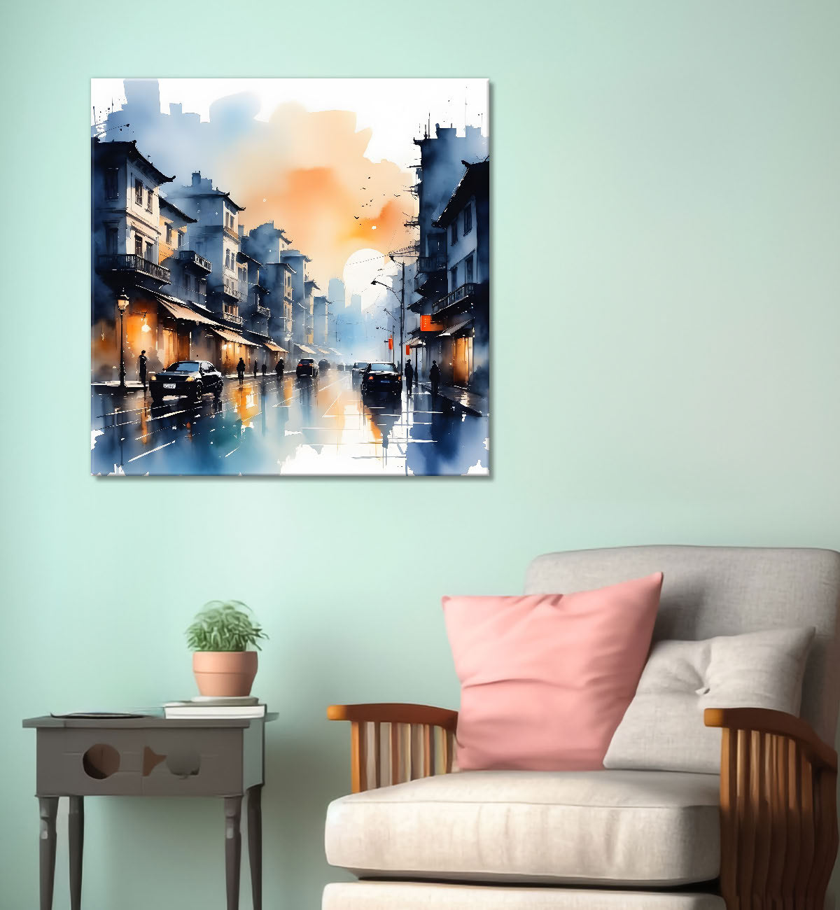 City with cars and people painting Canvas Painting 24X24- Nature Art -S-47