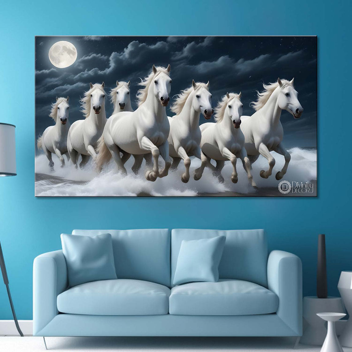 White running horses with moon and cloudy in dark textured background art Canvas Painting - Design - Horse-48