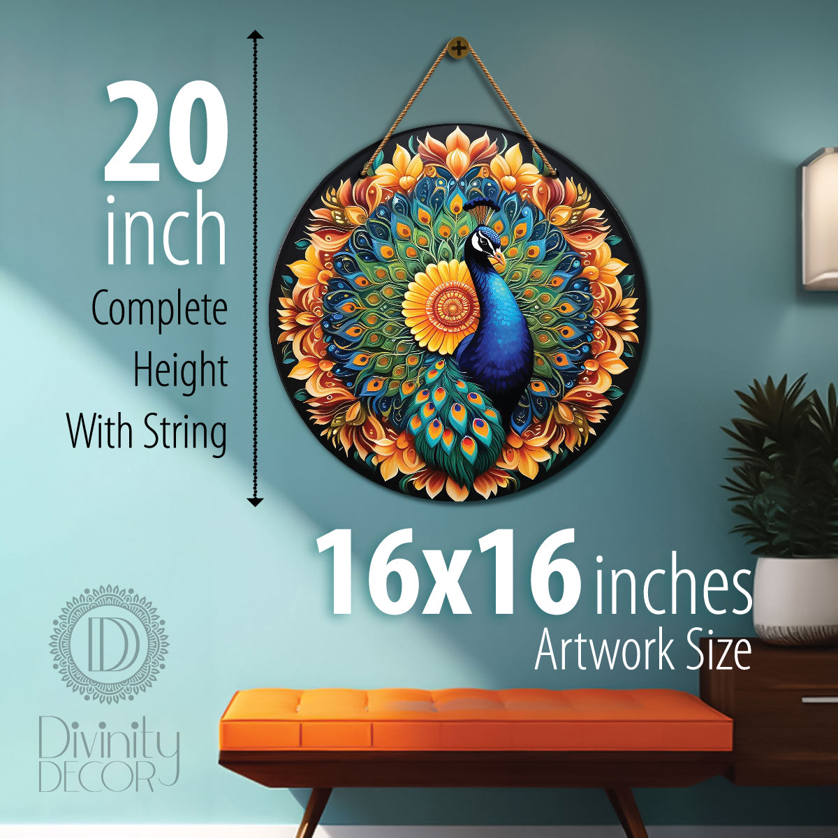 Peacock in orange and floral mandala Round Wooden Wall Hanging for wall Décor - Design - 48