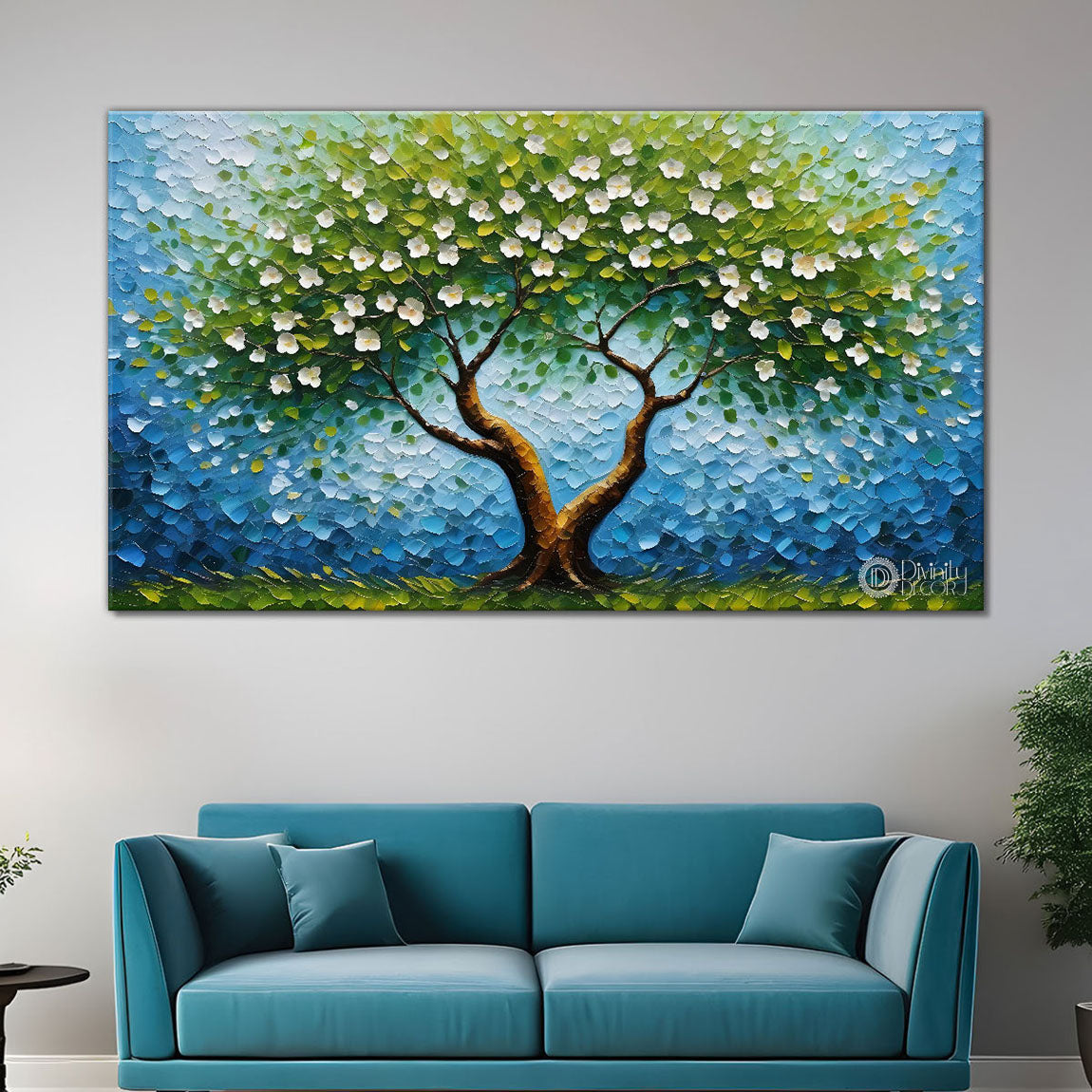 White flower tree in textured background oil painting Canvas Painting - Design - Tree-48
