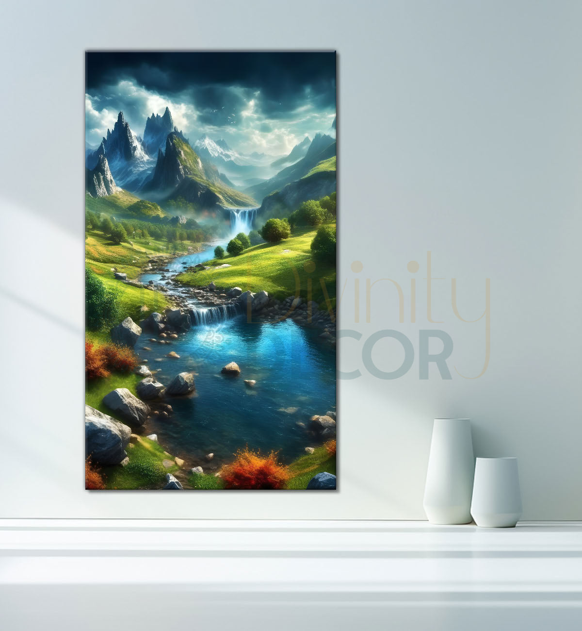 Mountians with greenery and lake with flowers texttured painting Canvas Painting - Nature Art -V-48