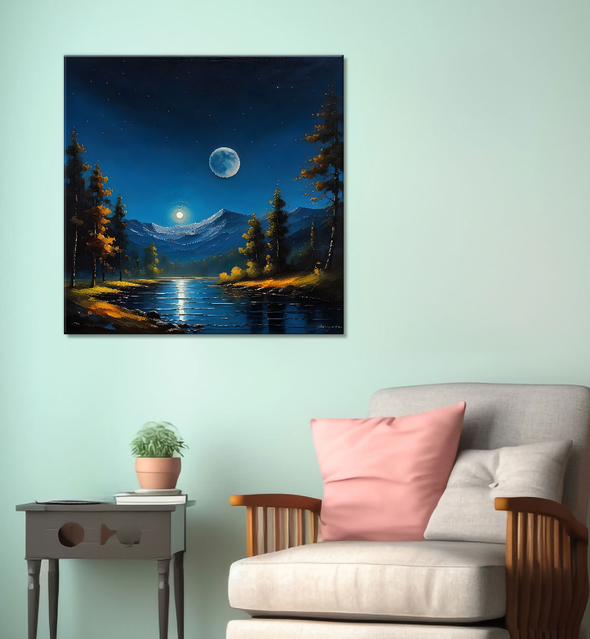 Mountains with tree river and moon painting Canvas Painting 24X24- Nature Art -S-48