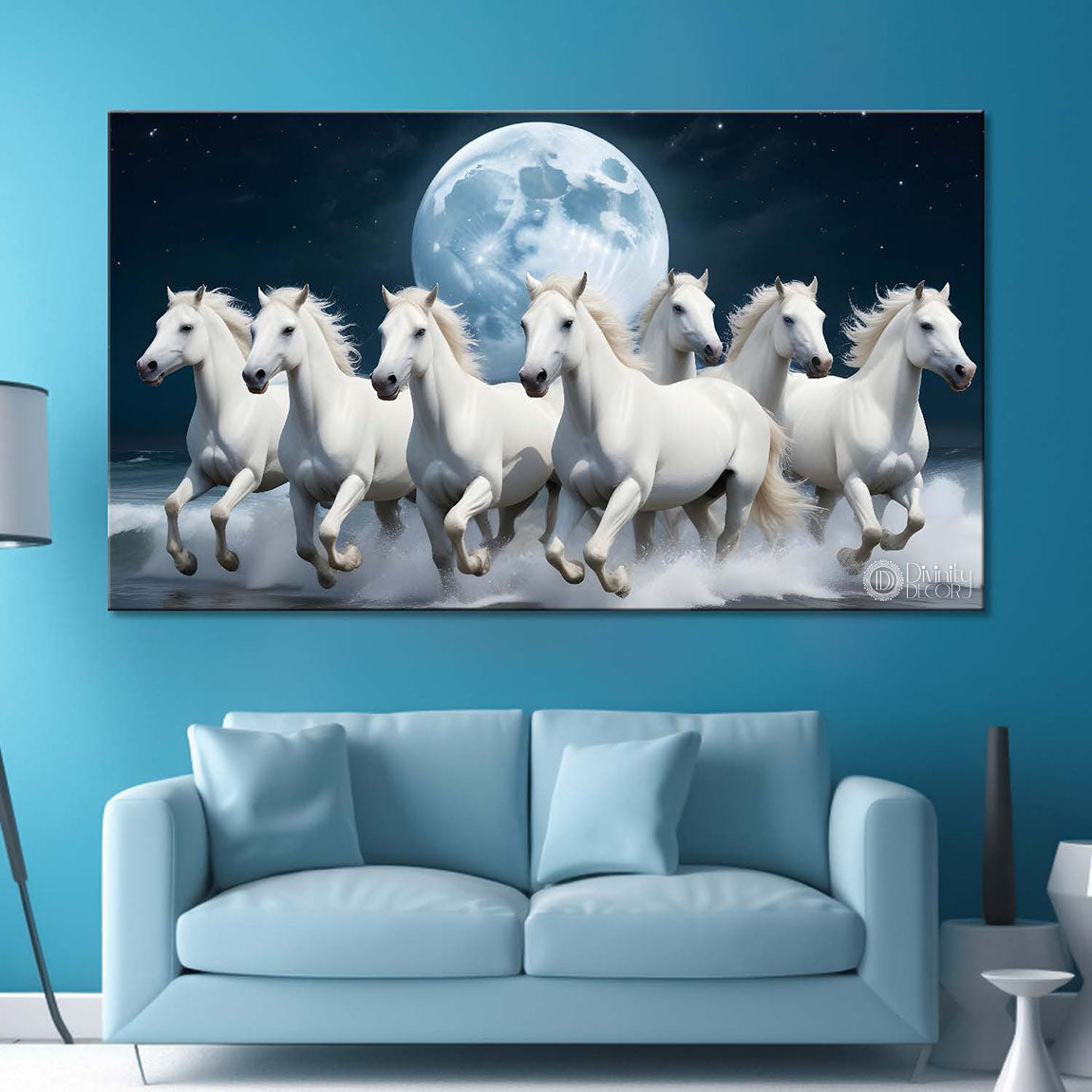 White running horses with moon in dark textured background art Canvas Painting - Design - Horse-49