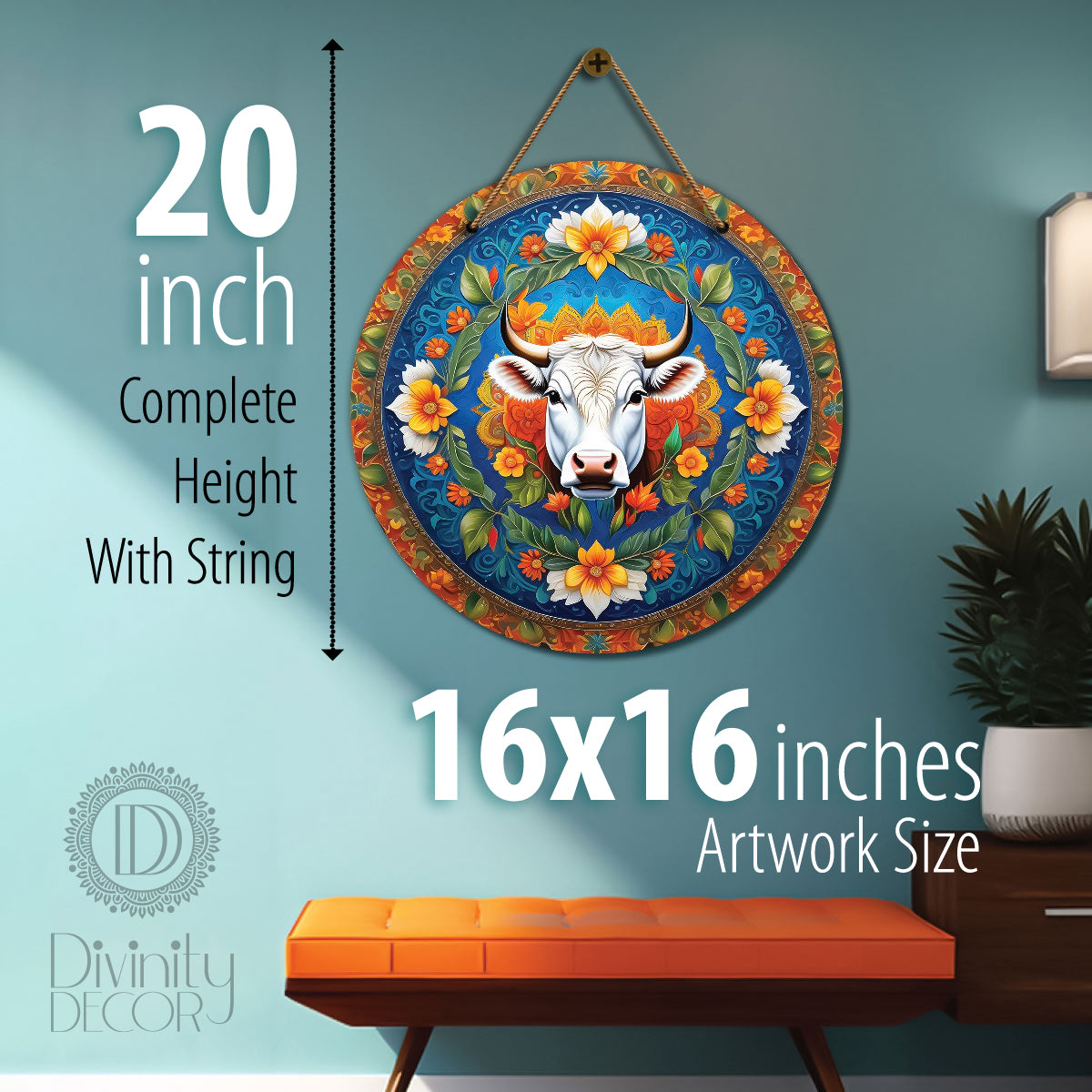 Cow in blue and orange mandala Round Wooden Wall Hanging for wall Décor - Design - 49