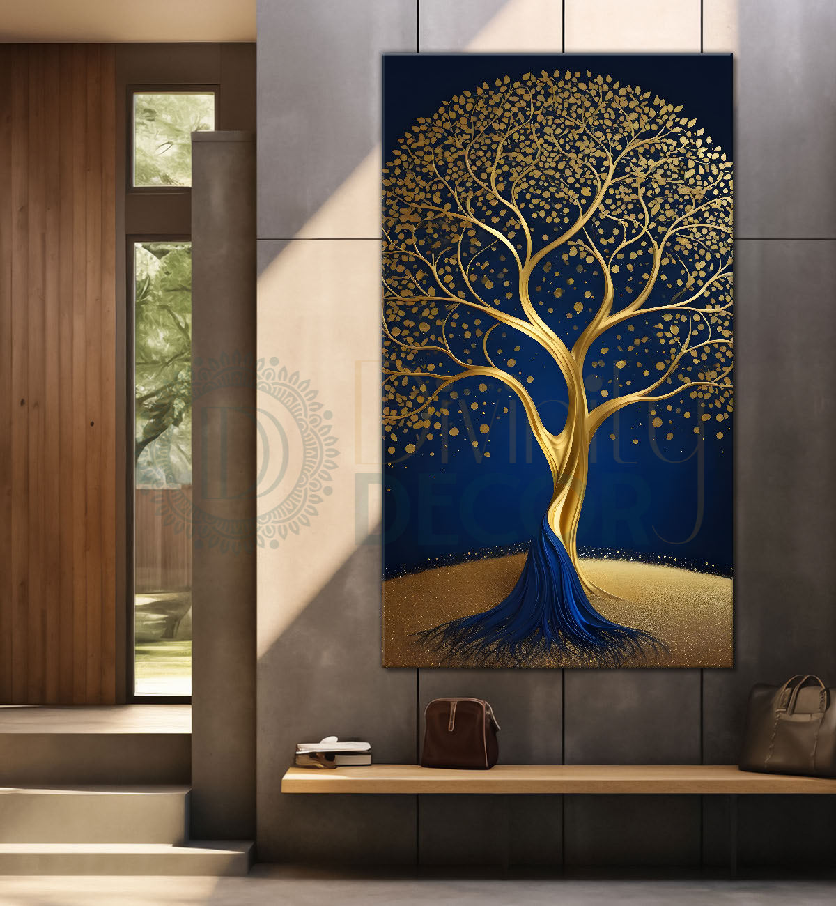 Golden tree in dark blue texutred background modern art Canvas painting - Tree-V-4