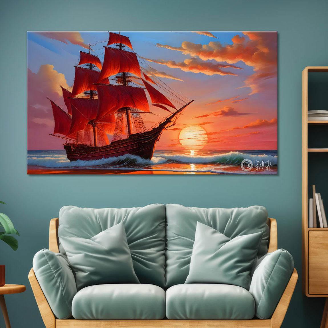 Ship with sunrise background in textured modern art canvas painting - Design - River-5