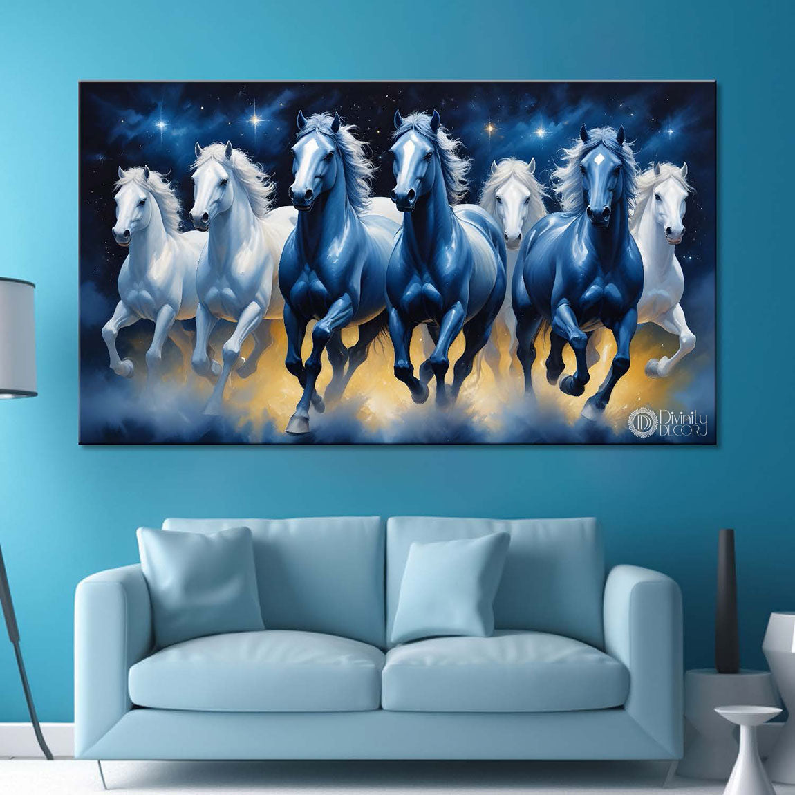 White and blue running horses in stars and blue textured background art Canvas Painting - Design - Horse-50