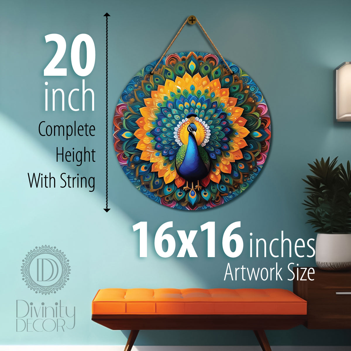 Peacock in orange and green mandala Round Wooden Wall Hanging for wall Décor - Design - 50