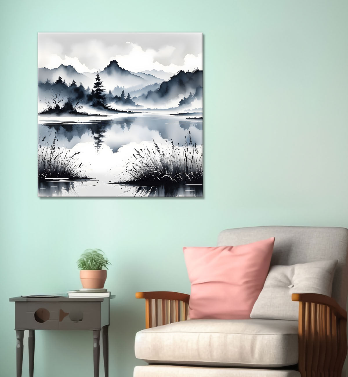 Mountains with trees and river with clouds water colour painting Canvas Painting 24X24- Nature Art -S-50