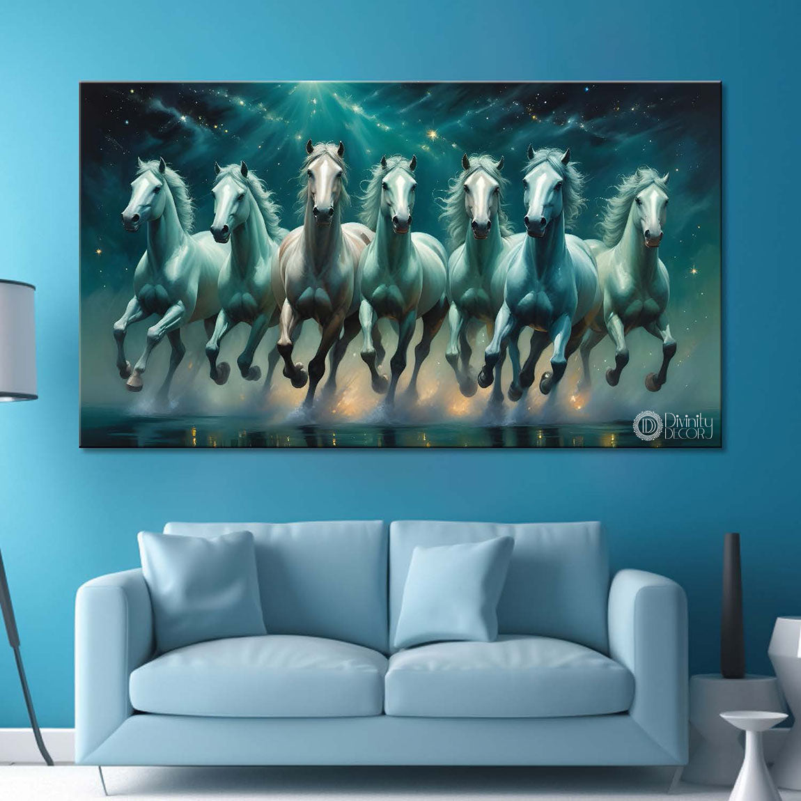 White and blue running horses in galaxy and green textured background art Canvas Painting - Design - Horse-51