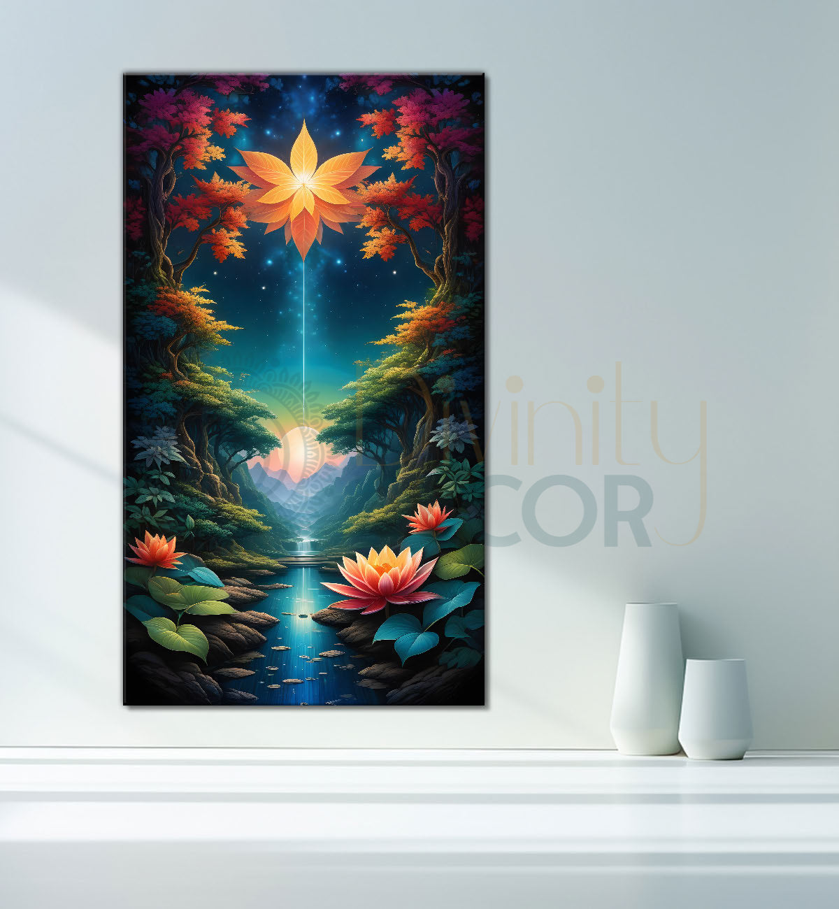 Trees with colourful flowers and lake in night background textured painting Canvas Painting - Nature Art -V-51