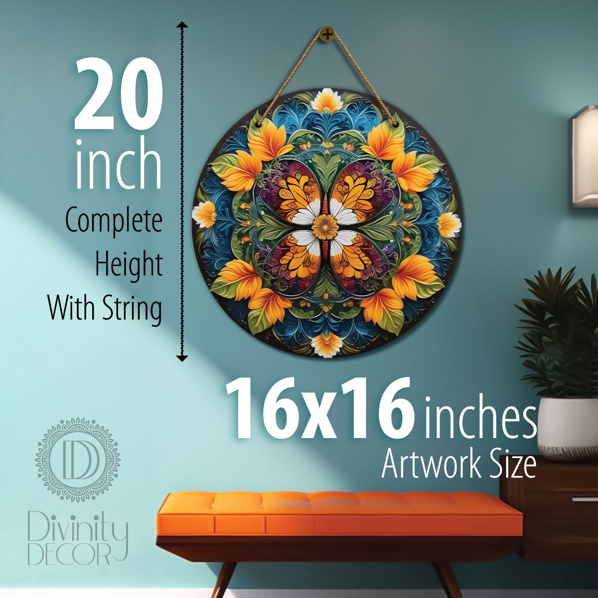 Colourful Butterfly in floral and blue mandala Round Wooden Wall Hanging for wall Décor - Design - 51