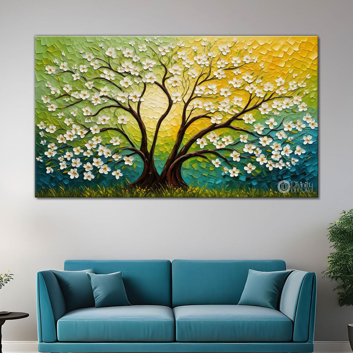 White flower tree in textured background oil painting Canvas Painting - Design - Tree-51
