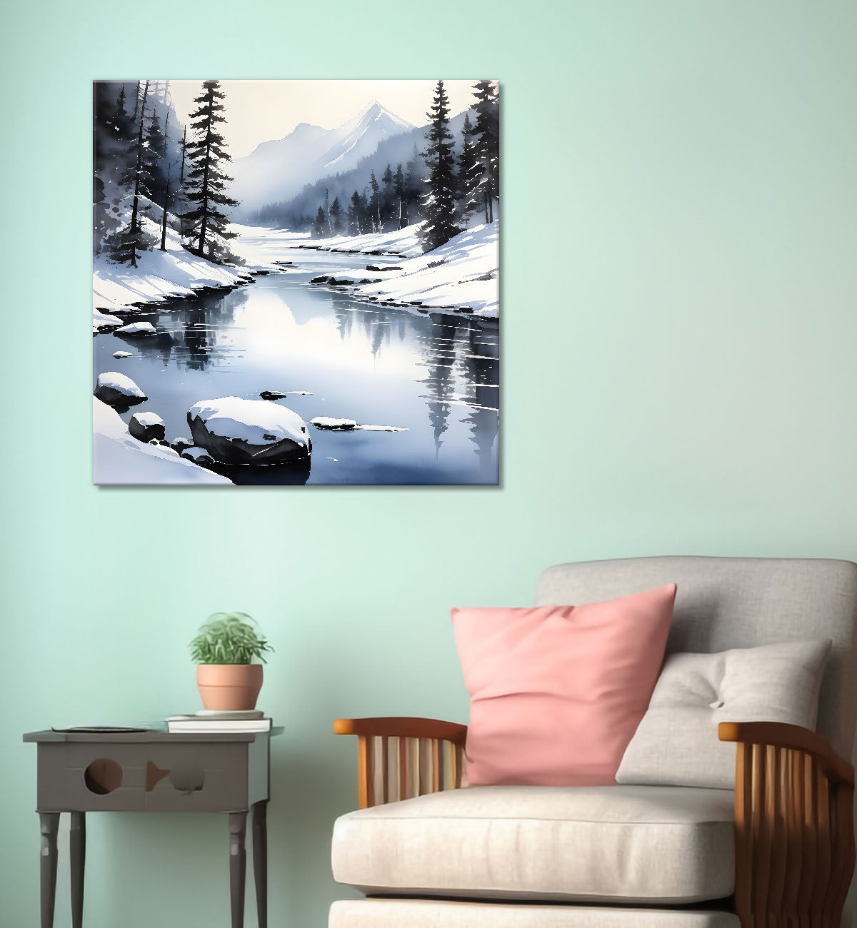 Mountains with trees and river with clouds water colour painting Canvas Painting 24X24 - Nature Art -S-51