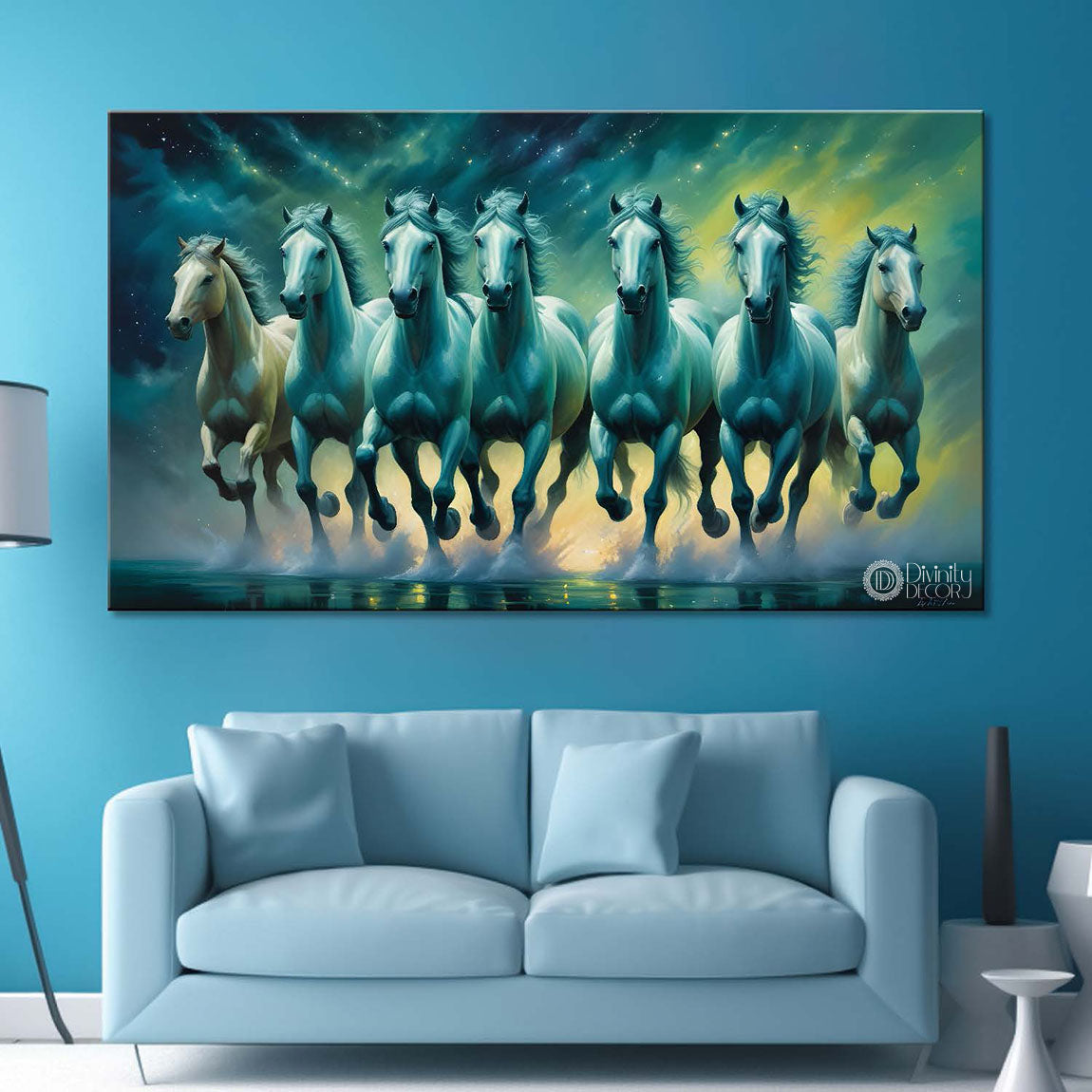 White and blue running horses in green textured background art Canvas Painting - Design - Horse-52