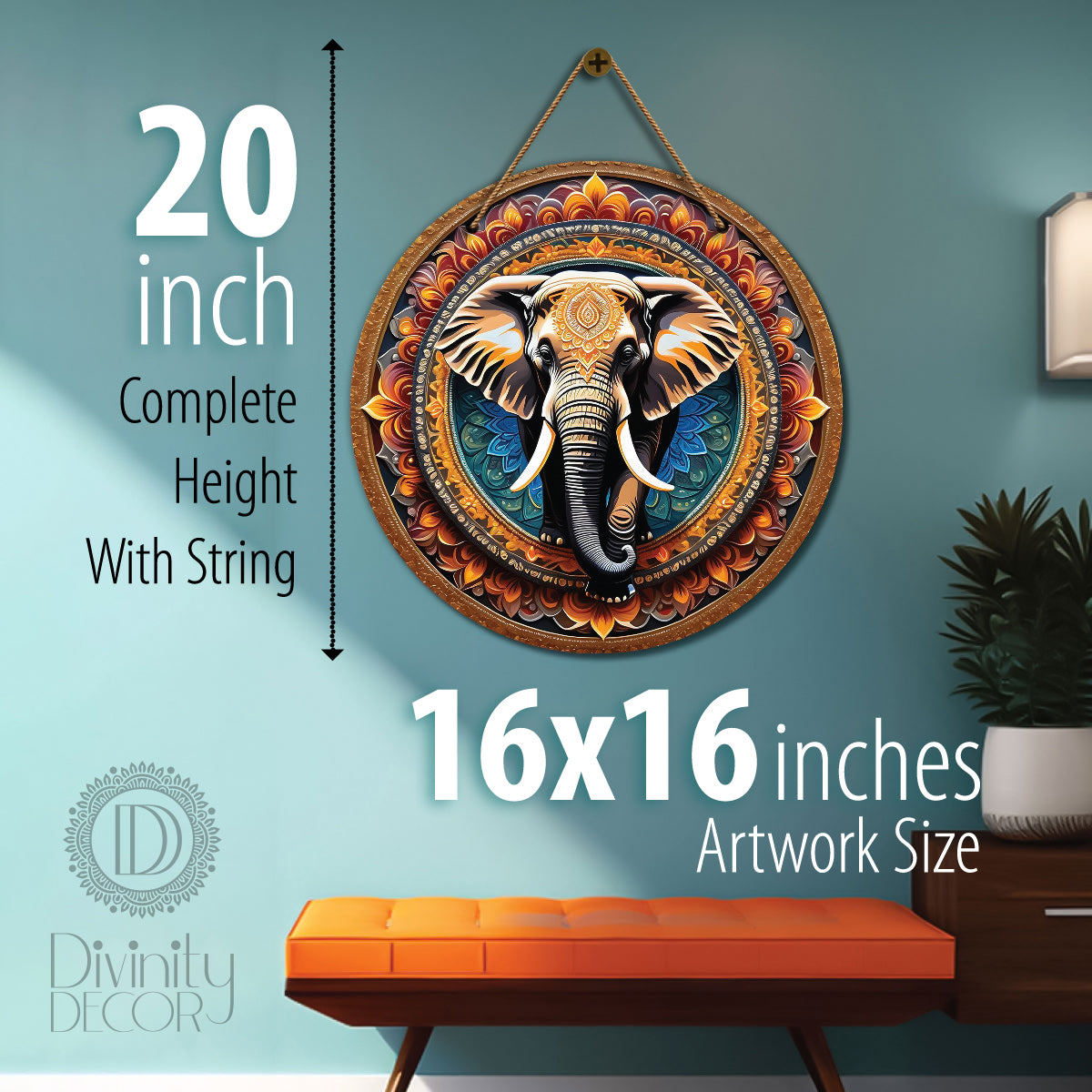 Elephant in blue and brown mandala Round Wooden Wall Hanging for wall Décor - Design - 52