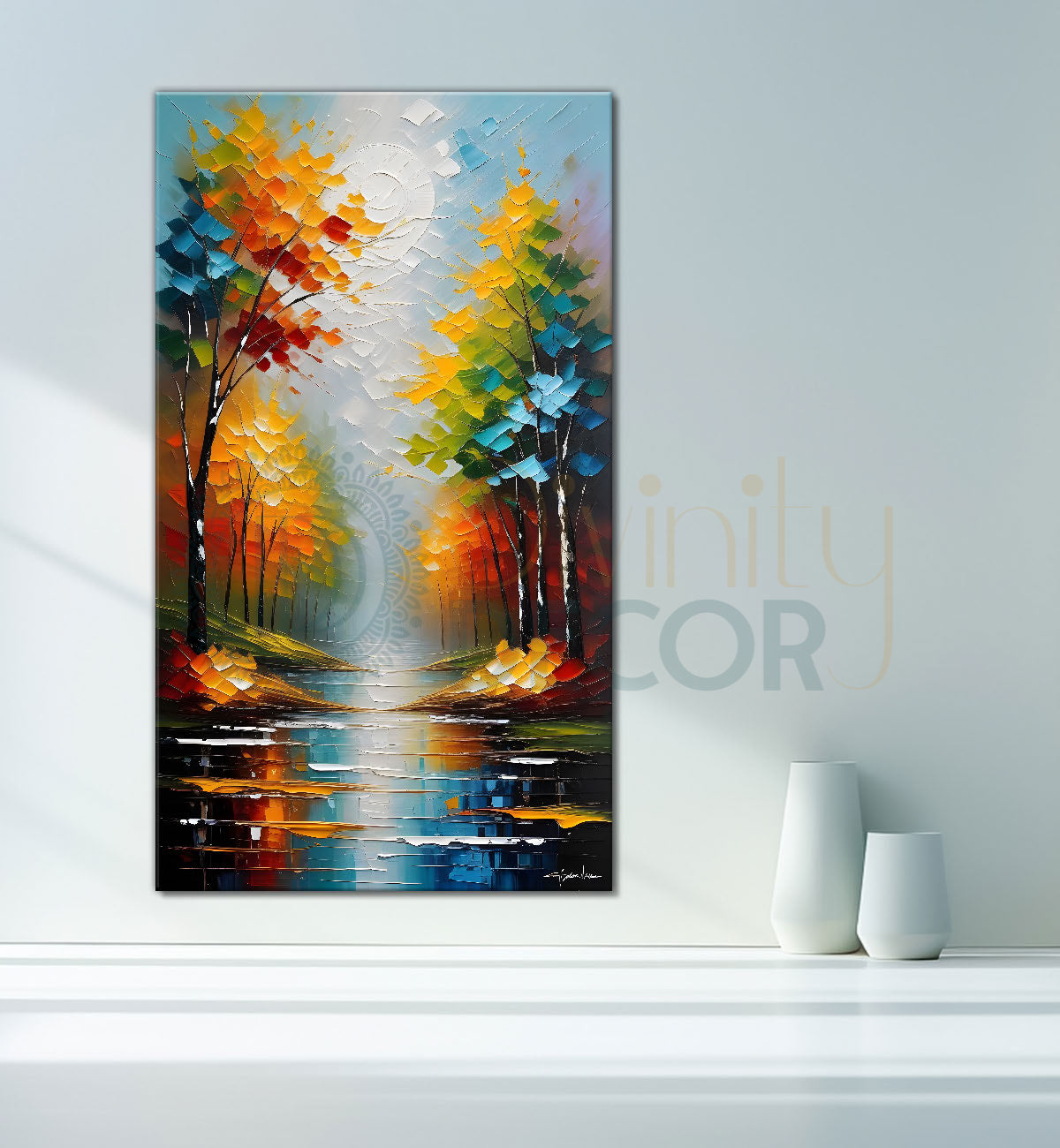 Colourful trees with lake in textured painting Canvas Painting - Nature Art -V-52