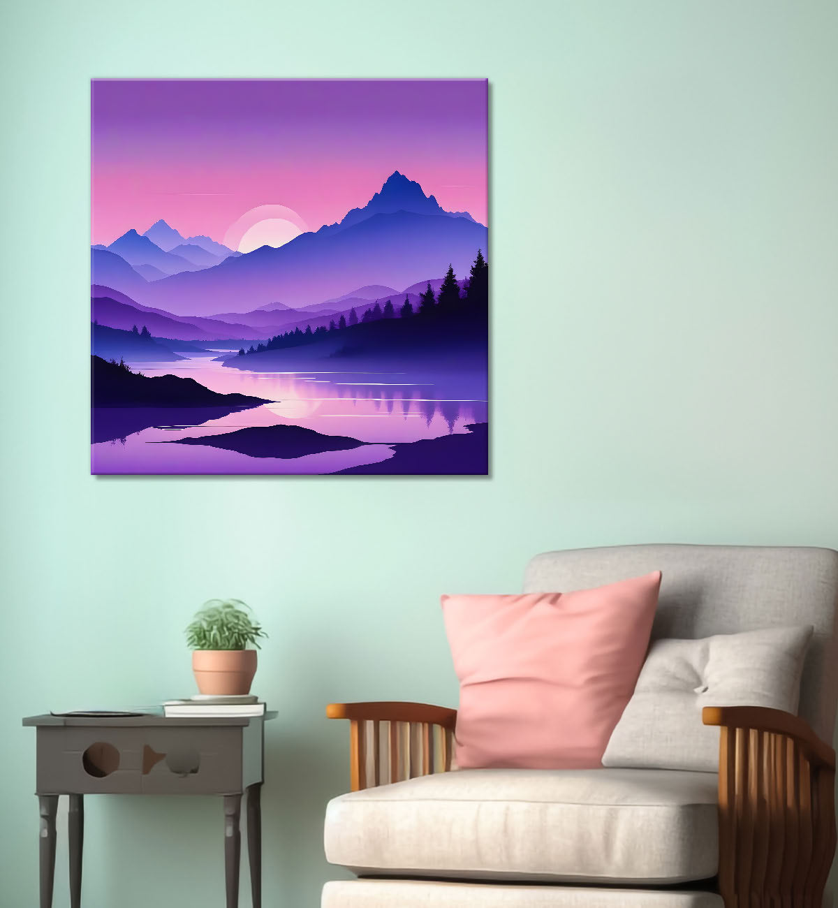 Mountains with sunset in purple textured painting Canvas Painting 24X24- Nature Art -S-52
