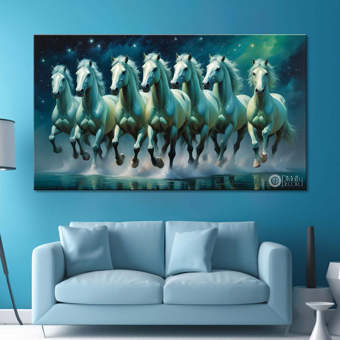 White and running horses in stars and green textured background art Canvas Painting - Design - Horse-53